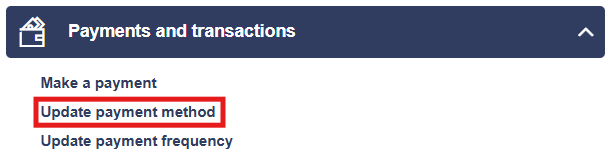 Update payment method is located second under the dropdown payments and transactions
