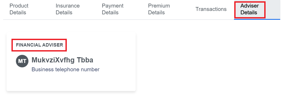 screenshot of Adviser details option selected, located on the far right hand side of the screen