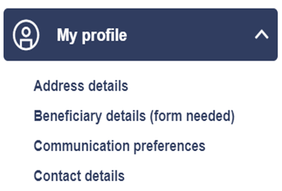 my profile dropdown with the options: address details, beneficiary details (form needed), communication preferences and contact details