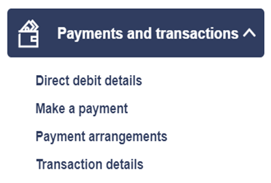 screenshot of payments and transactions dropdown options