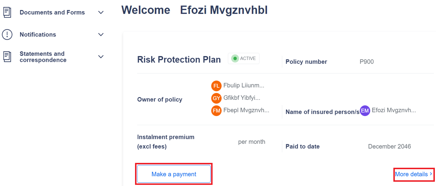 Screenshot of Welcome screen with make a payment button located halfway